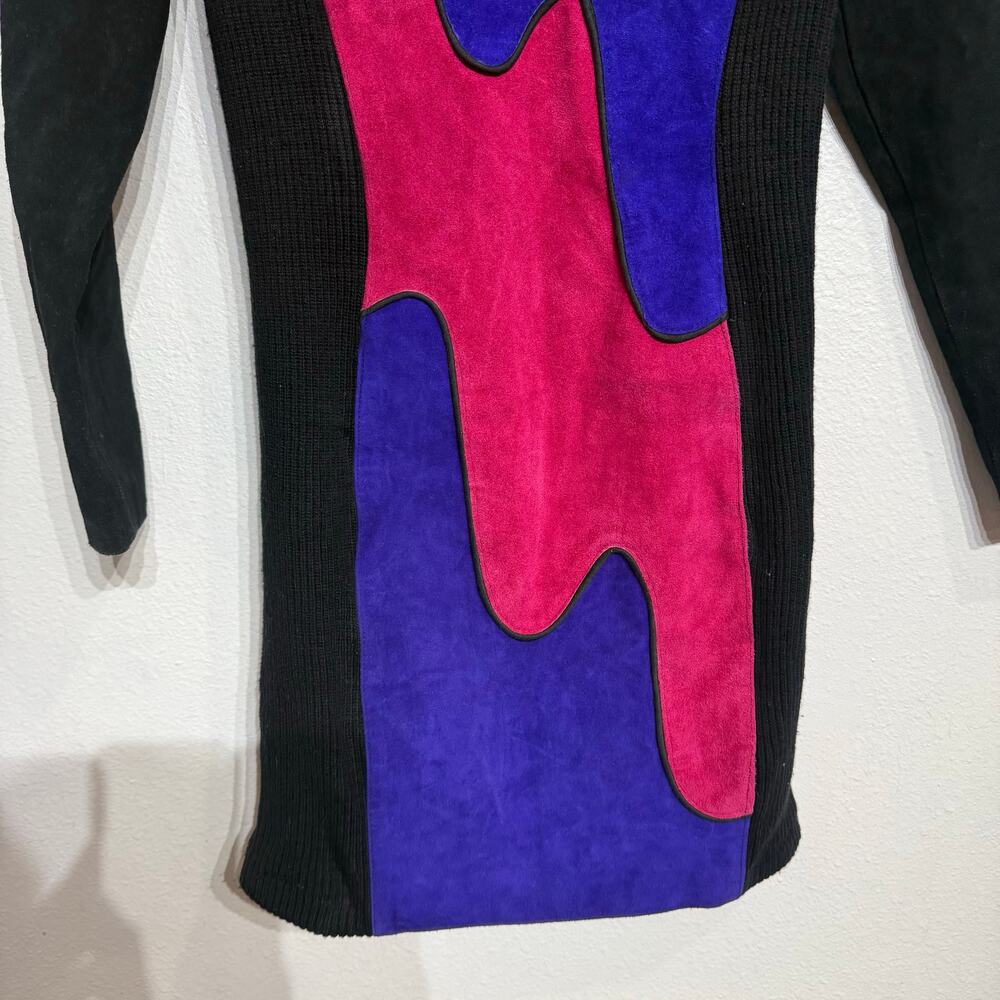 Outerwear by Phoenix Black Colorblock Suede Rib Bodycon Vintage Mini Dress Sz M - Picture 4 of 11